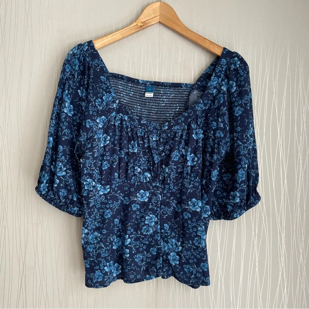 Old Navy Puff-Sleeve Smocked Button-Down Blouse Navy Floral Shirt Size Medium